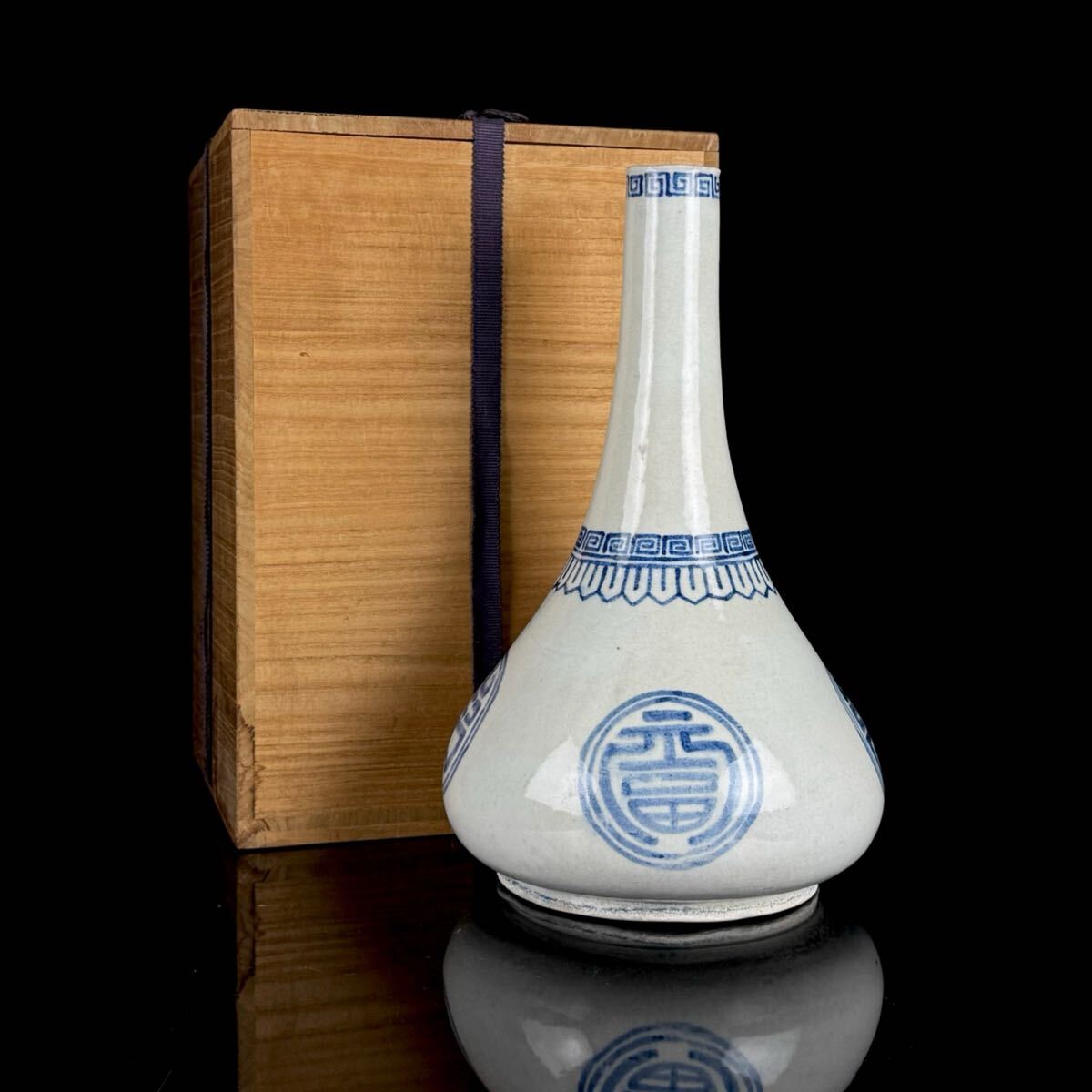 植物模様の花瓶 染付李朝美術 朝鮮美術 李朝 分院 古染付 花瓶 花入 飾壷 置物 時代品 元箱(李