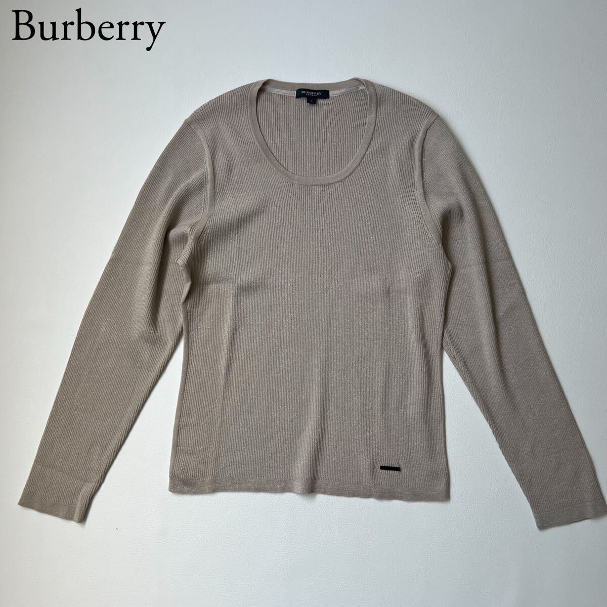美品 BURBERRY LONDON バーバリーロンドン リブニット セーター トップス ラメ シルク カシミヤ混 ロゴプレート ベージュ系 5 レディース_画像1
