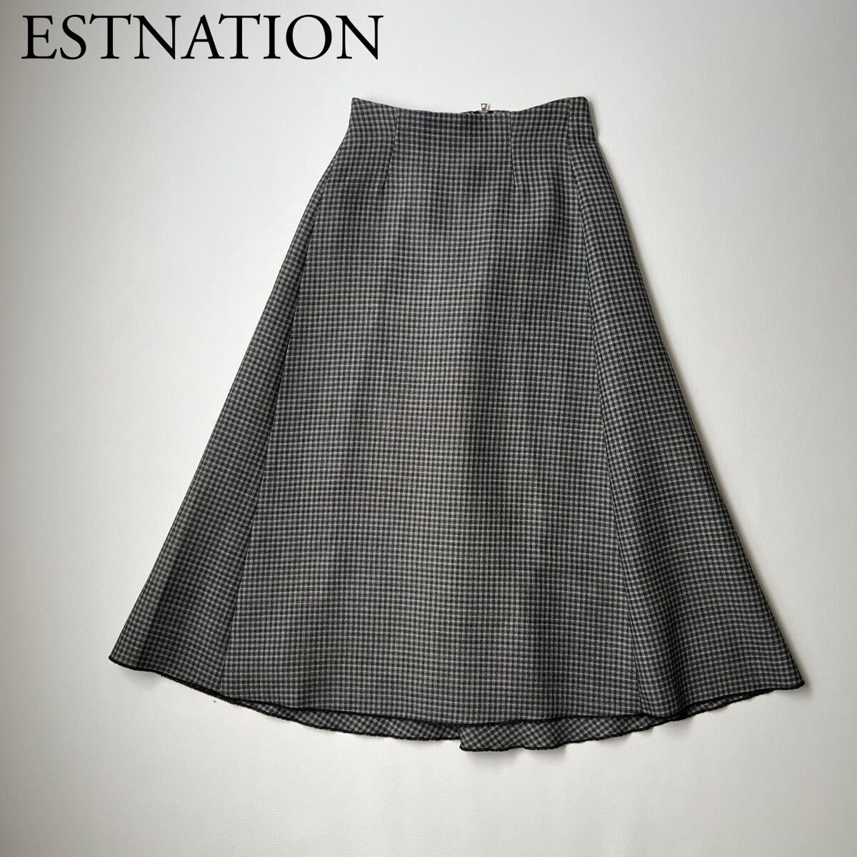 美品 ESTNATION エストネーション フレアスカート ロングスカート チェック グレー 36 レディース_画像1