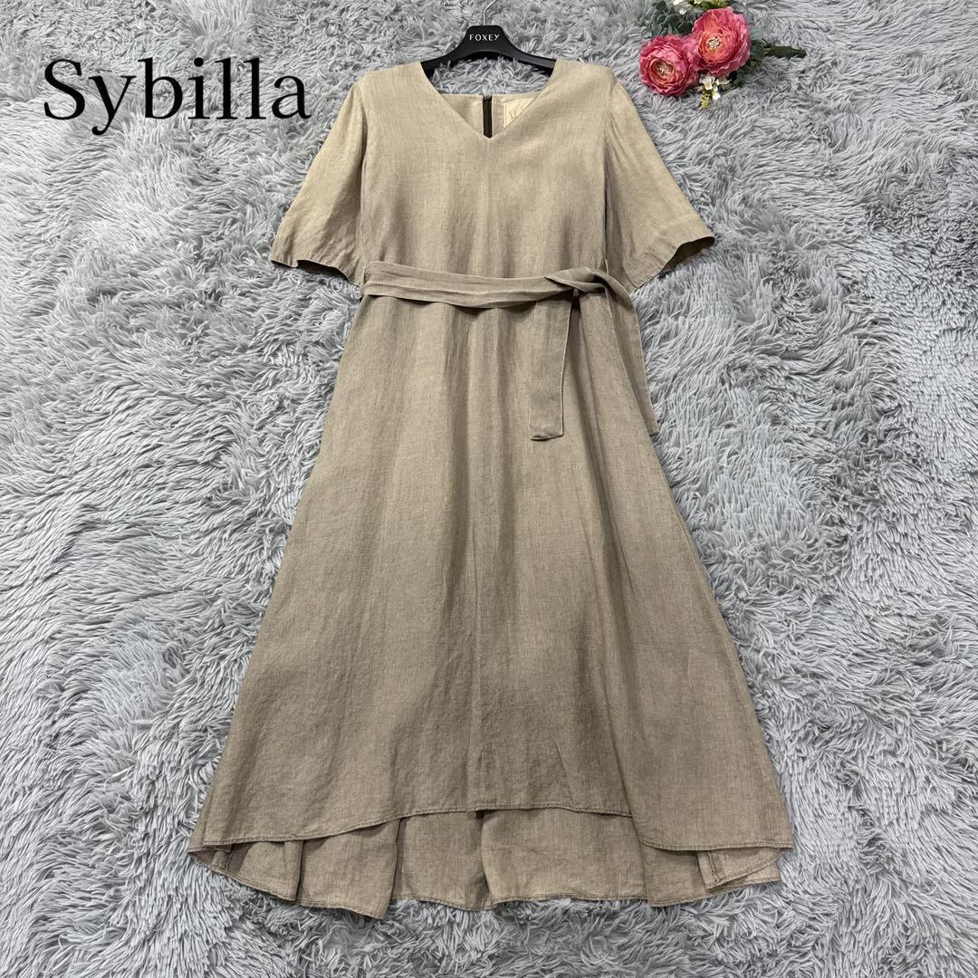 シビラ 21SS リネンフレアワンピース ロング Aラインドレス ベルト付き M シビラ 21SS リネンフレアワンピース ロング Aラインドレス