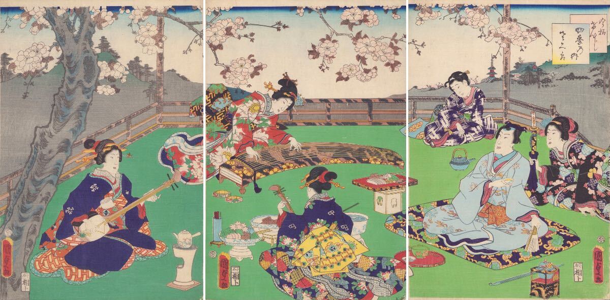木版画 一「義経千本桜図」3枚続 浮世絵 絵本 和本 N7-27 今様げんじ 四季乃内 さくら 三枚続 国貞二代 本物 浮世絵