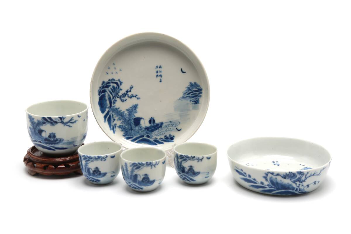 南京染付 茶碗 茶道具 中国美術 古美術 古道具 アンティーク 中国美術 秋江釣月 茶道具 茶碗 鉢 唐物 染付 青花 煎茶 瓶台