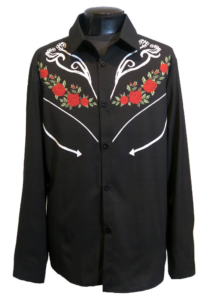 新品 XXLサイズ ウエスタンシャツ 黒 薔薇 2123 ブラック 綺麗め 柄シャツ カウボーイ ロカビリー ロック モード ヴィジュアル系 テンガロ_画像1