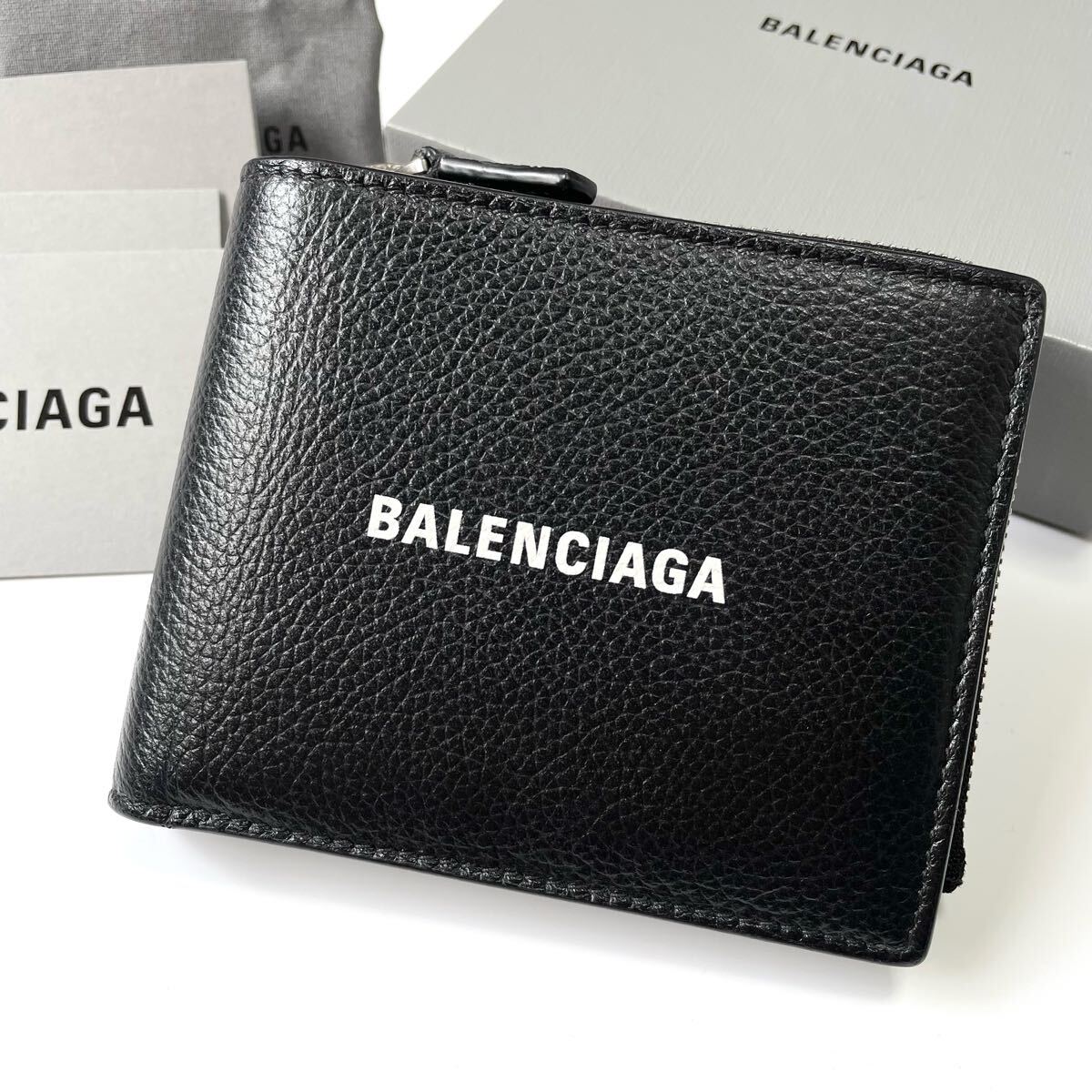 【美品】バレンシアガ 二つ折り財布 Bロゴ アワーグラス ブラック ユニセックス BALENCIAGA バレンシアガ 二つ折りジップ 財布 レザー ブラック