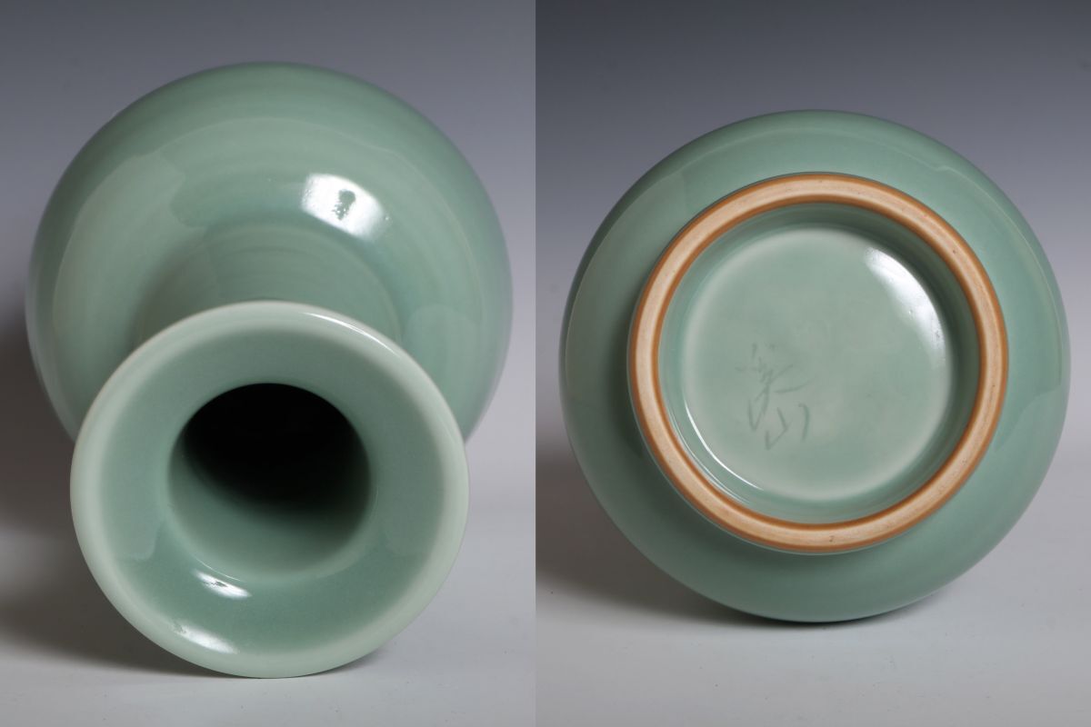 平安 加藤渓山作 砧青磁 花瓶 共箱 M R4463B 9457 加藤渓山 砧青磁 下蕪形花生(四方桟共木箱) 真作 花入 花瓶