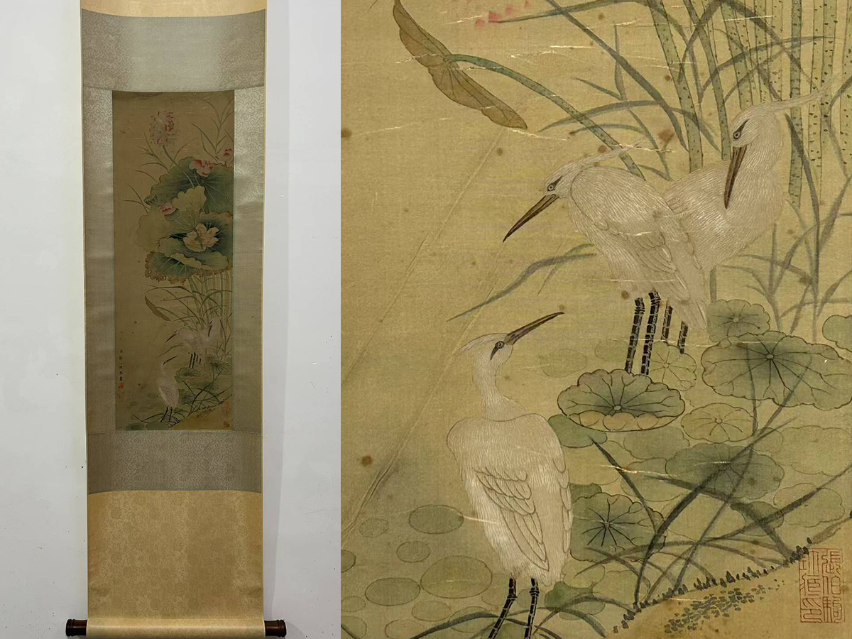 民間 肉筆掛け軸 清時代人物図 激安骨董品 祝寿图 AK2167A9-2 ▽鴻▽古書道【清時代・鄒一桂筆・荷花図】 真筆肉筆 絹本 骨董