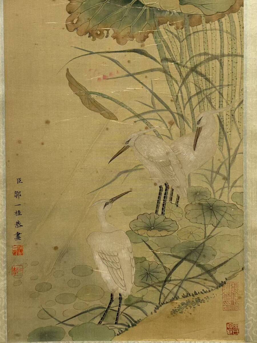 中国古美術 日本江戸時代肉筆掛け軸そ※激安骨董品 X785C16-5 ▽鴻▽古書道【清時代・鄒一桂筆・荷花図】 真筆肉筆 絹本 骨董