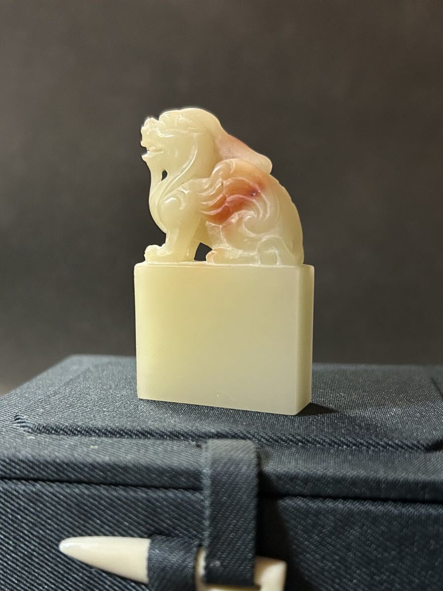 寿山石 芙蓉 豹 繋印 印材 印石 高級 美品 書道 篆刻 落款 雅号 篆刻 印材 寿山石 芙蓉石 箱付き 保管品/検:印鑑 印章 文房四宝