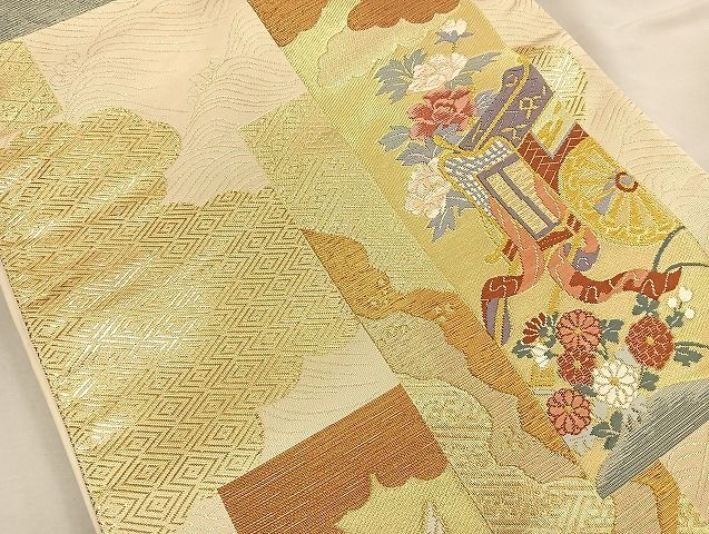 平和屋着物◎六通柄袋帯　唐織　短冊吉祥文　金糸　逸品　BAAK6138cm_画像2