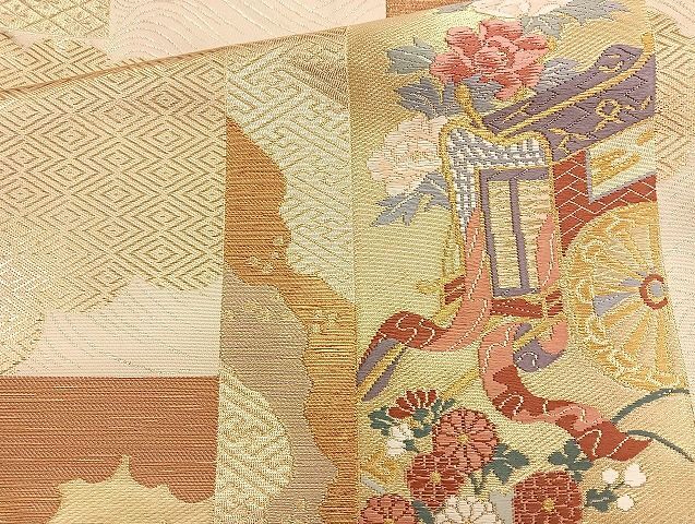 平和屋着物◎六通柄袋帯　唐織　短冊吉祥文　金糸　逸品　BAAK6138cm_画像3