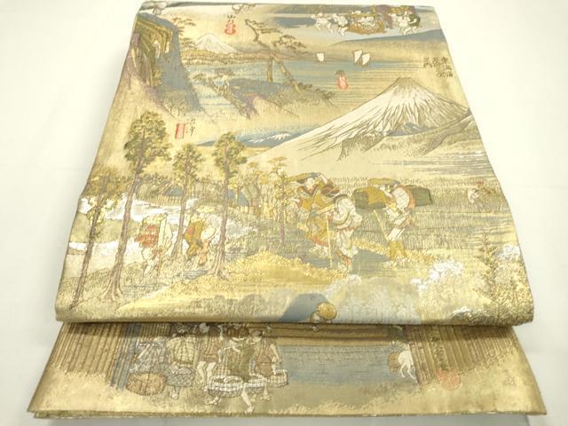真作/新西国三十三箇所/布袋屋掛軸HC-308 平和屋着物▽極上 西陣あさぎ 全通全景柄袋帯 東海道五拾三次 24