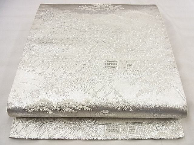 平和屋着物◎六通柄袋帯　風景文　プラチナ銀箔二重織　逸品　BAAF1558qt_画像1