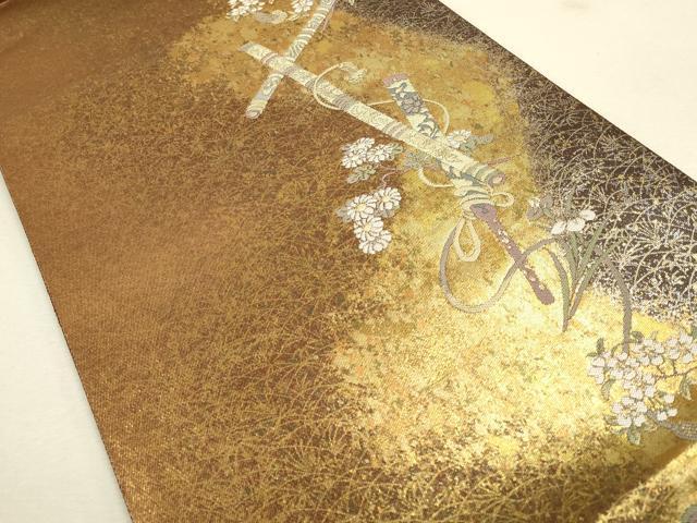 平和屋着物◎西陣 永本機業店謹製 六通柄袋帯 寿笛瑞扇文 金糸 引箔 証紙付き 正絹 逸品 CAAU1482ft_画像2