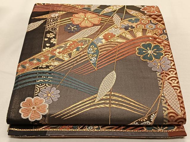 平和屋着物◎両面　全通柄袋帯　唐織　立波舞花文　金糸　正絹　逸品　CAAT8938qv_画像1