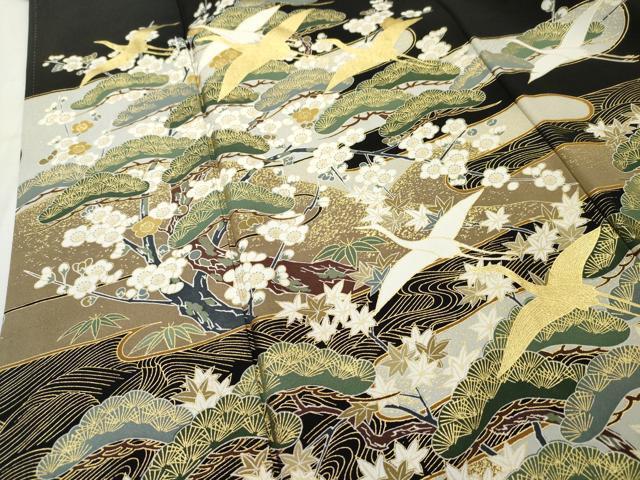 平和屋着物■豪華黒留袖　飛鶴松文　金彩　正絹　逸品　AAAX5720cs_画像4