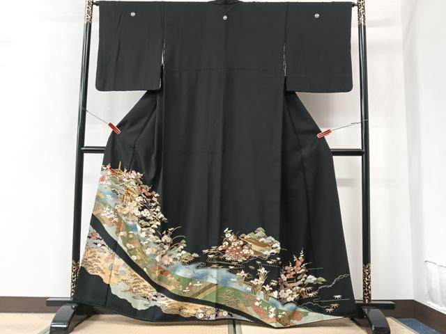 平和屋着物■豪華黒留袖 駒刺繍 花鳥風景文 鶴 金彩 正絹 逸品 CAAU6712xe_画像1