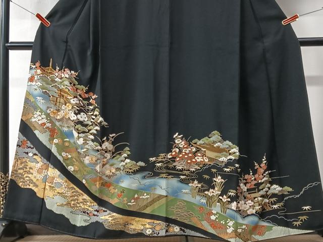 平和屋着物■豪華黒留袖 駒刺繍 花鳥風景文 鶴 金彩 正絹 逸品 CAAU6712xe_画像3