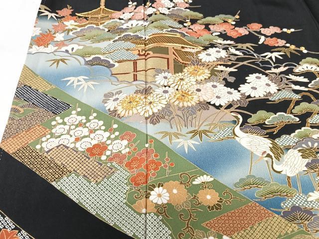 平和屋着物■豪華黒留袖 駒刺繍 花鳥風景文 鶴 金彩 正絹 逸品 CAAU6712xe_画像4