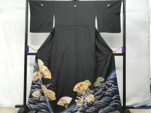 平和屋着物■豪華黒鳶色駒刺繍　立波扇面花松文　暈し染め　金彩　正絹　逸品　CAAU8392fb_画像1