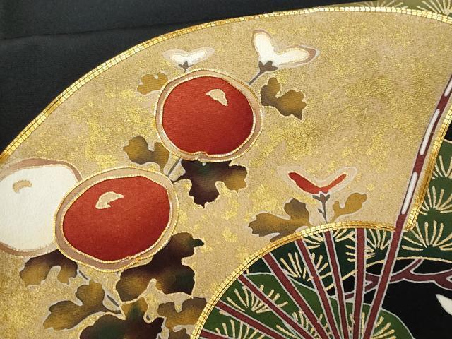 平和屋着物■豪華黒鳶色駒刺繍　立波扇面花松文　暈し染め　金彩　正絹　逸品　CAAU8392fb_画像5