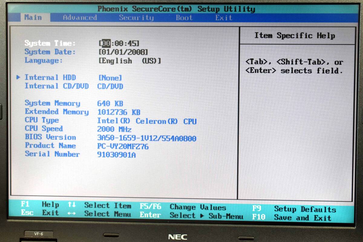 起動確認のみ(ジャンク扱い) NEC VersaPro VF-6 VY20MF-6 CPU:Celeron575 RAM:1G HDD:無し (管:KP740_画像2
