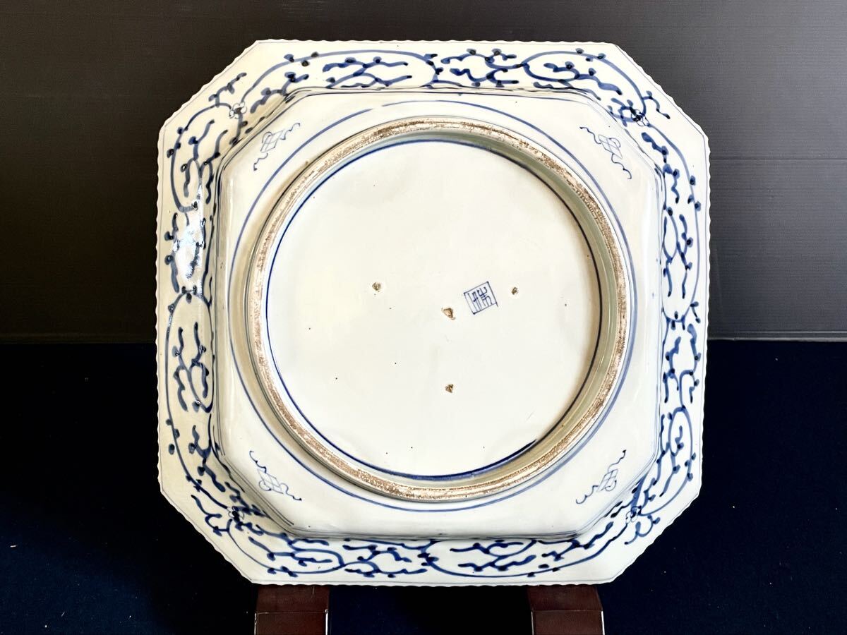 【美品】「母」 古伊万里 染付 線描 隅切 角皿 36cm径 伊万里焼 (Ｂ) 美品】「母」 古伊万里 染付 線描 隅切 角皿 36cm径 伊万里焼 (