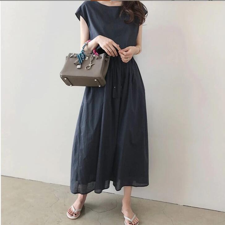 人気夏 ロングワンピース レディース ワンピース 半袖 マキシワンピース シャツワンピース 体型カバー ネイビー M_画像1