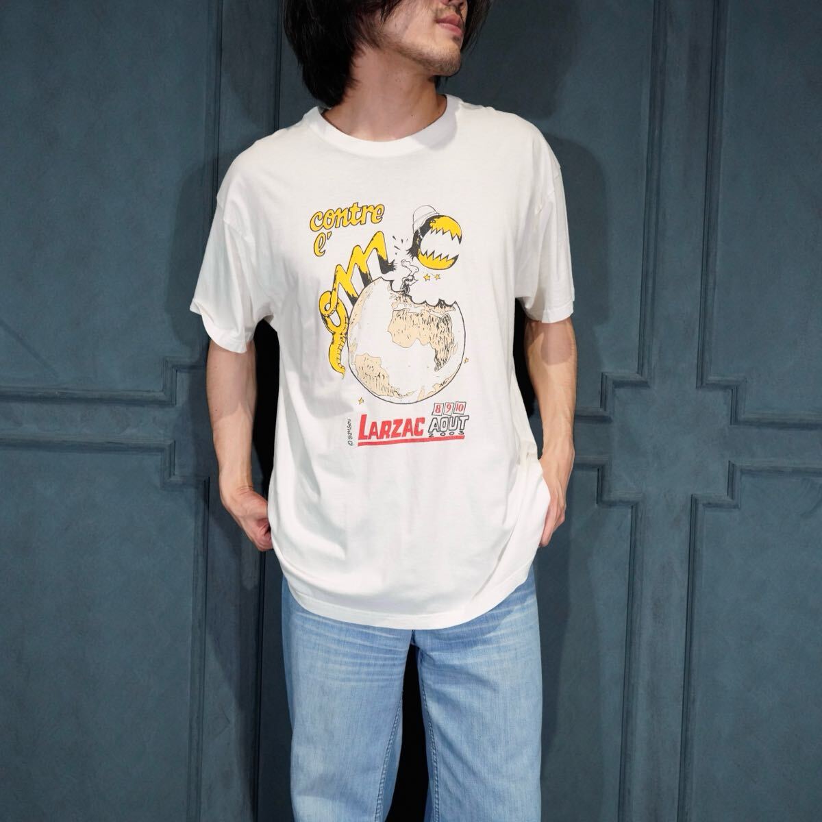 USA VINTAGE Kariban EARTH PRINT DESIGN T SHIRT/アメリカ古着地球プリントデザインTシャツ_画像1