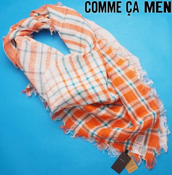 新品定価1.6万円 COMME CA MEN コムサメン インド製 最高級 ストール オレンジチェック(13) 56RG20_画像1