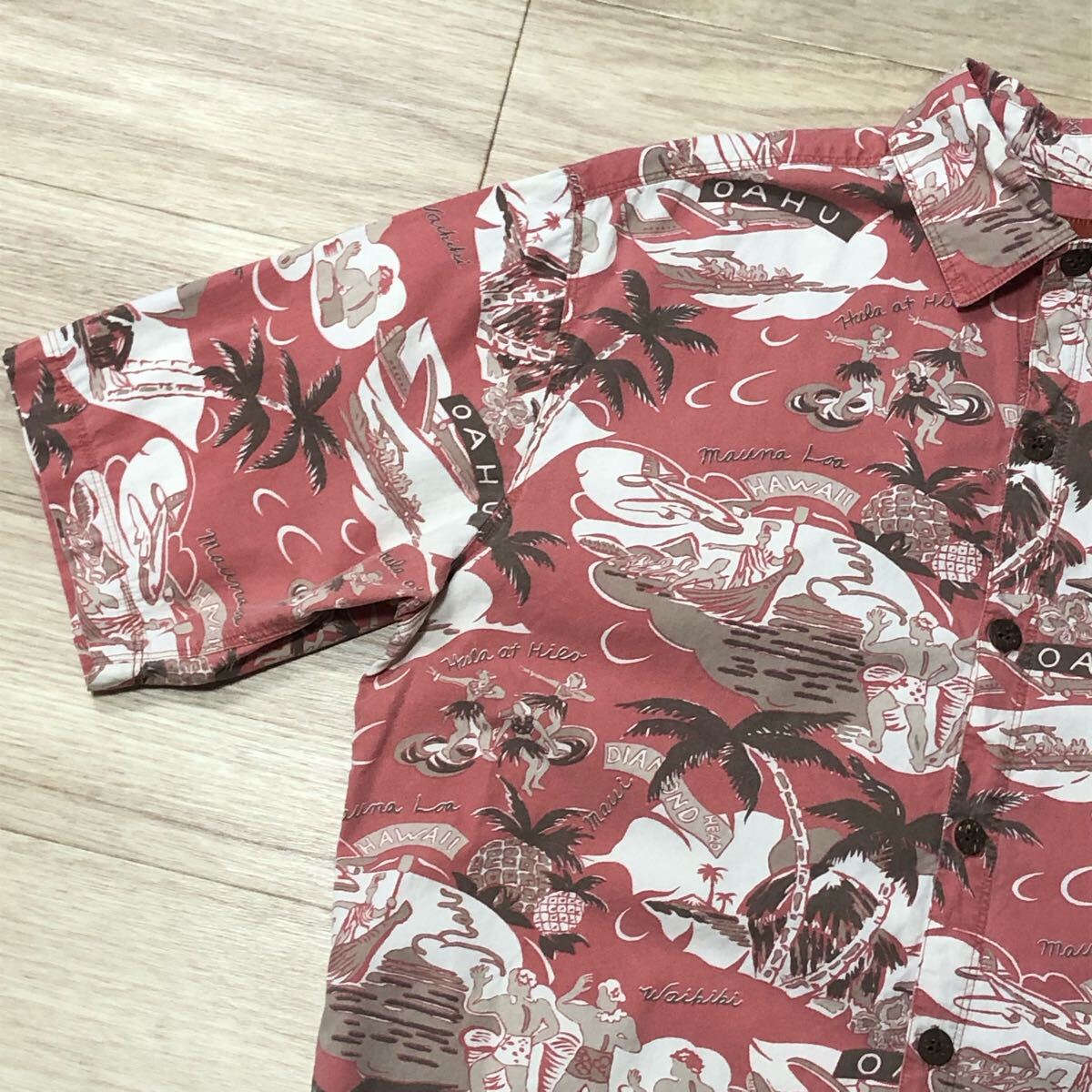 【送料無料】Pau Hana HAWAIIコットン100%アロハシャツ ピンク総柄 メンズMサイズ 半袖シャツハワイアンシャツ綿_画像2