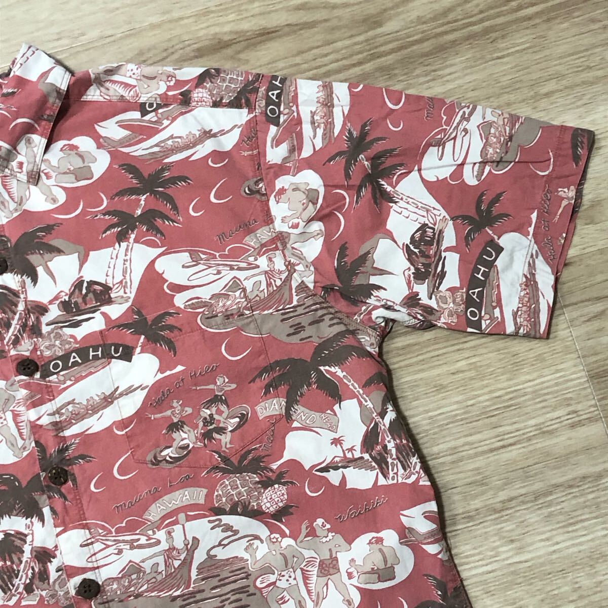 【送料無料】Pau Hana HAWAIIコットン100%アロハシャツ ピンク総柄 メンズMサイズ 半袖シャツハワイアンシャツ綿_画像3