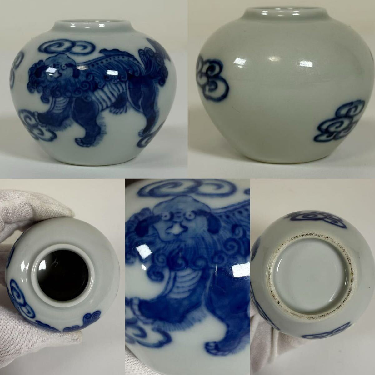 青花獅子図紋筆洗 水盂 古文房具 筆筒 陶磁器 現代工芸品 美術品 置物 RR-中国古美術 時代物 染付 青花 水盂 文房具 書道具 文房四宝