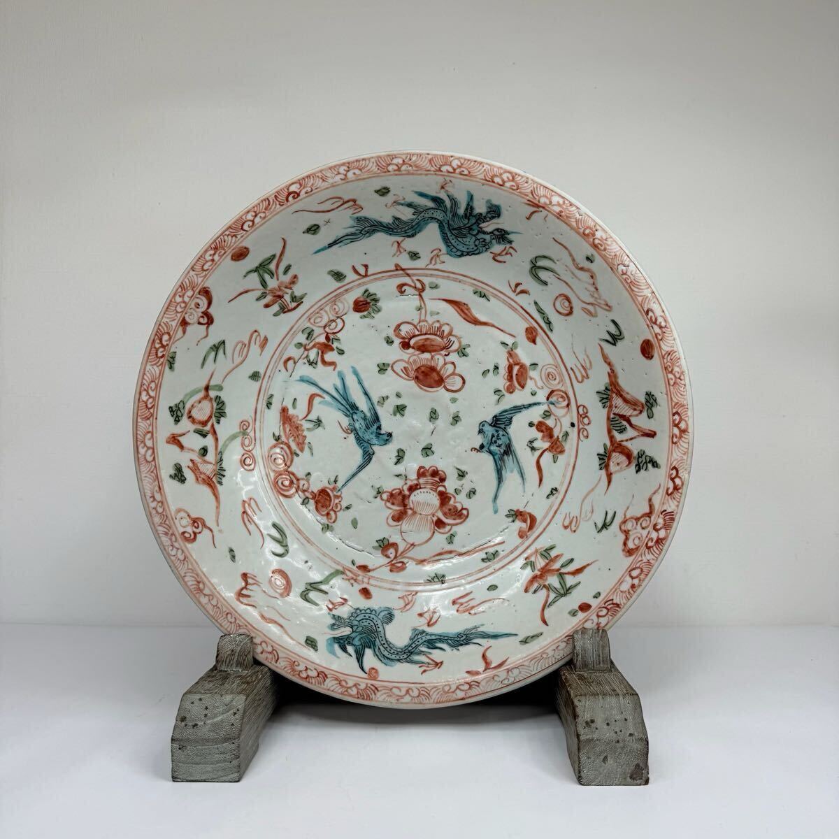 皿 5 枚 色絵 陶芸 骨董品 中国古美術 長 18cm 中国古美術 時代物 色絵 呉須赤絵 花鳥図 皿 大皿 飾皿 唐物