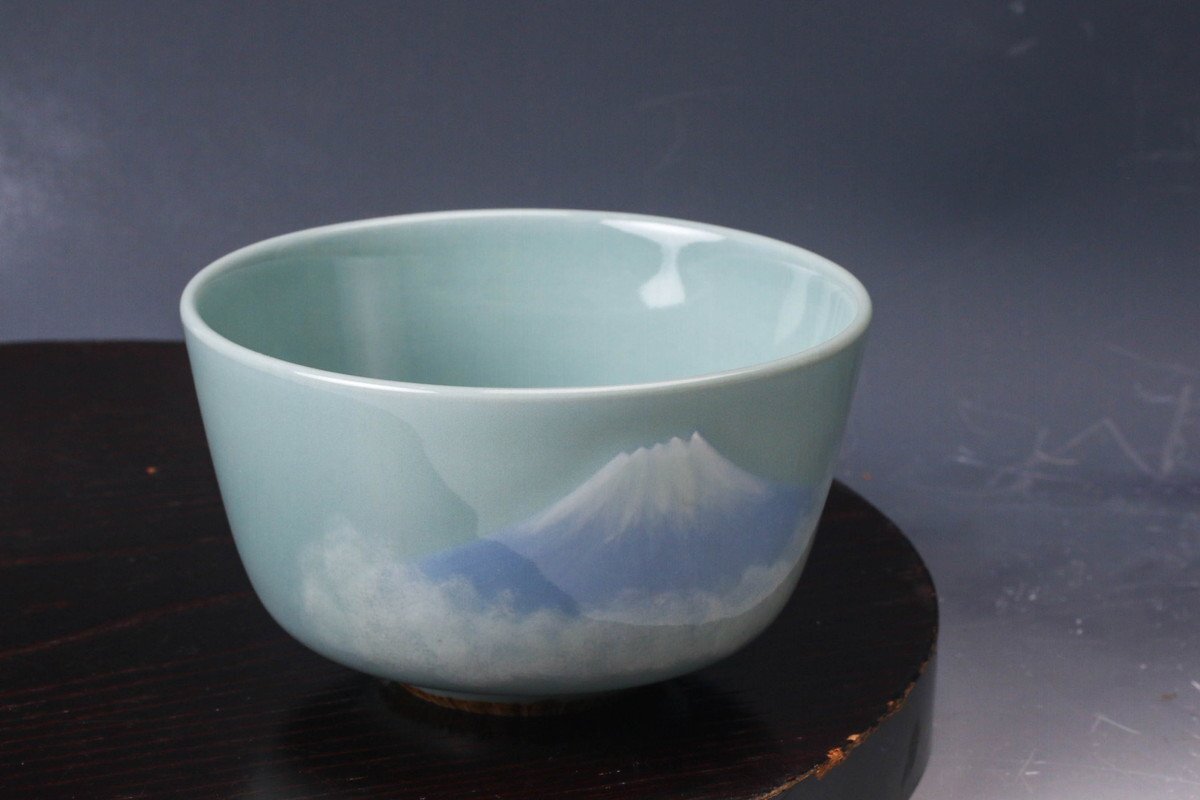 3代目 諏訪蘇山 茶道具 茶碗 青磁 SAG】三代 諏訪蘇山 富士山画 青瓷茶碗 速水流七代速水宗楽書付