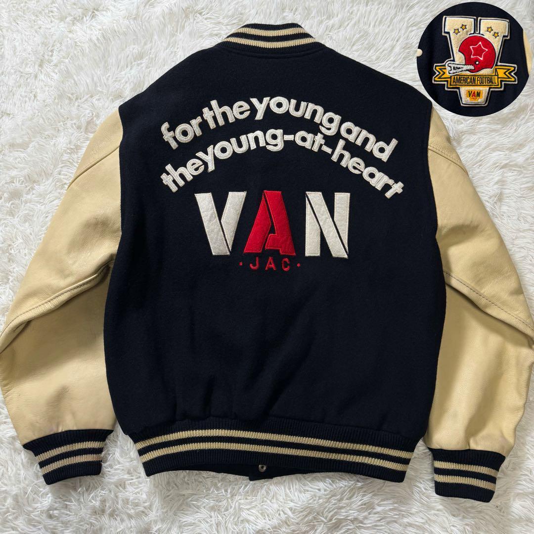 ア*ラ様 希少✨VAN JACKET スタジャン 袖レザー アーチロゴ ネイビー 美品/希少◎VAN JACKET スタジャン 袖レザー アーチロゴ