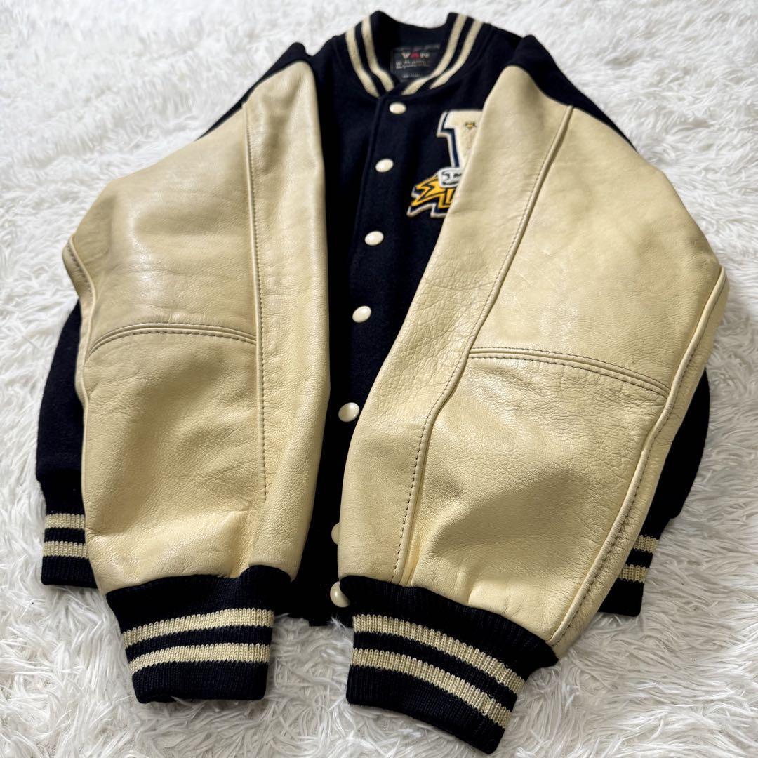 美品/希少✨VAN JACKET スタジャン 袖レザー アーチロゴ 山羊革 M 美品/希少◎VAN JACKET スタジャン 袖レザー アーチロゴ