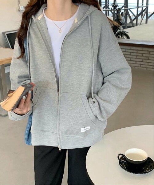 【サマーセール】パーカー ゆったり 長袖 韓国ファッション フード付き ロング丈 秋冬 ジップアップ フリーサイズ シンプル 可愛い_画像1