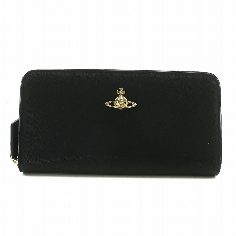 未使用品 ヴィヴィアンウエストウッド Vivienne Westwood 長財布 レザー ラウンドファスナー オーブ ロゴ ゴールド金具 黒 ブラック /XZ ■