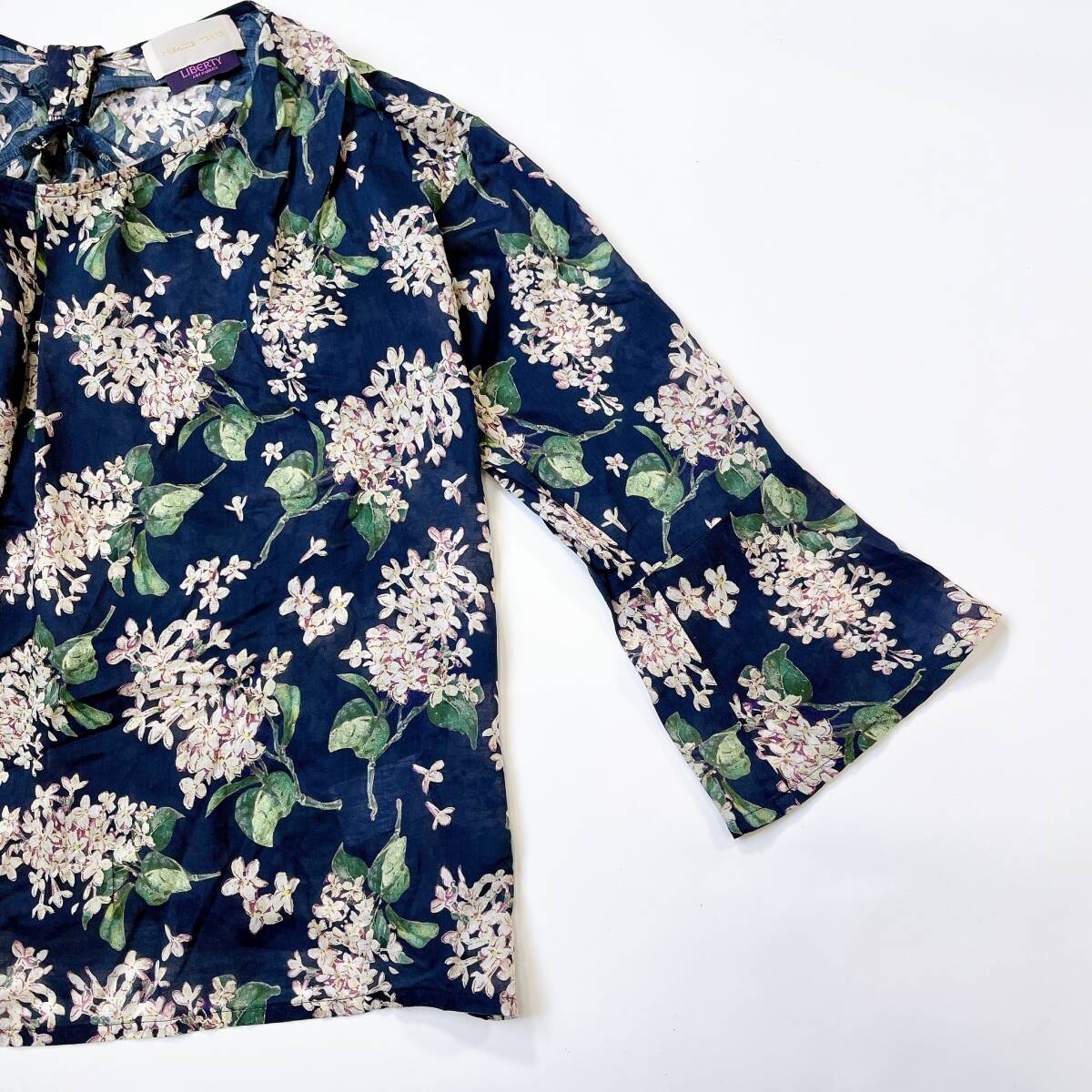 PARADIS TERRE×LIBERTY パラディテール リバティ プルオーバーブラウス フリーサイズ フラワープリント ネイビー 薄手 ☆1028ｙ