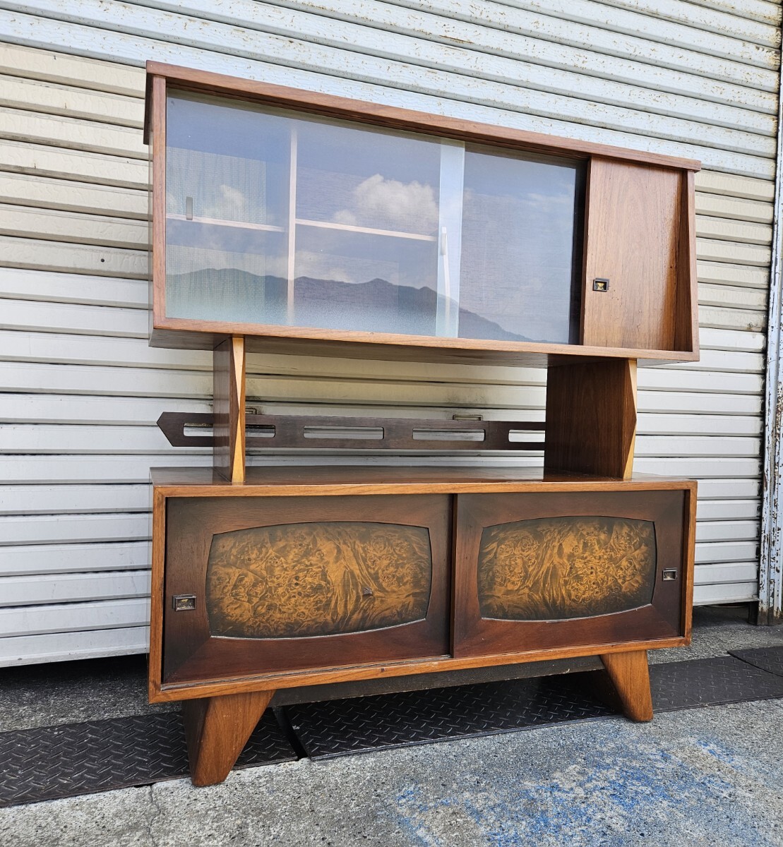 日本のヴィンテージ ガラスと木の飾り棚 ミッドセンチュリーモダン オープンラック Japan vintage ガラスと木の飾り棚 ミッドセンチュリーモダン