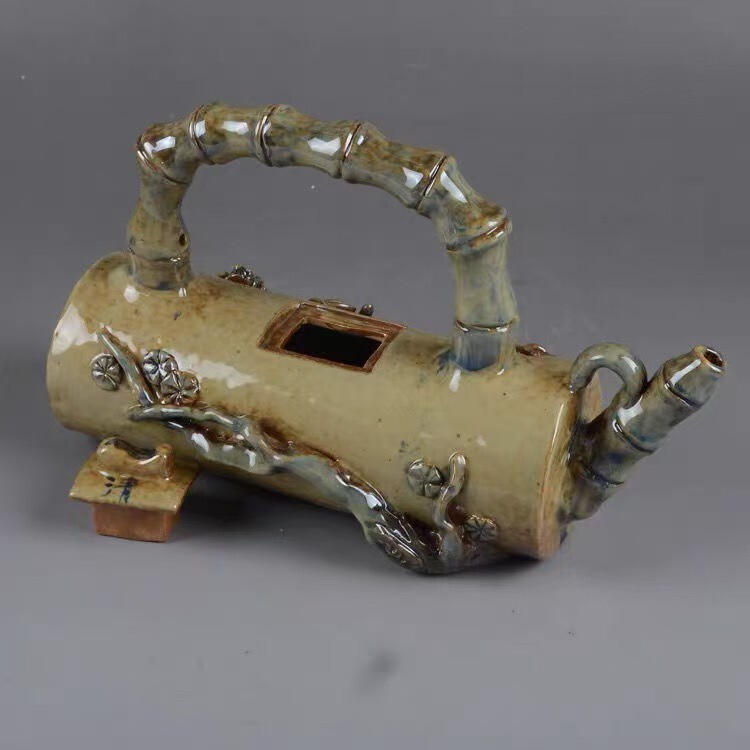 C482 旧家収蔵 中国古玩 焼物 竹節 提梁壺 茶壺 徳利 置物-公式