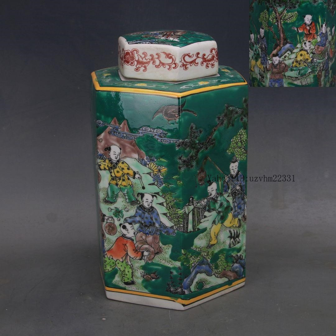 中国美術 緑地粉彩人物六方茶缶 茶道具 茶器 景徳鎮 陶磁器 工芸