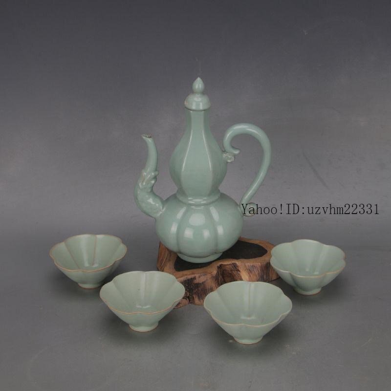 未使用品 宋汝窯青釉竜紋六方瓜稜瓢簞紋長柄執壺套組 工芸品 美術品 置物 未使用品 宋汝窯青釉竜紋六方瓜稜瓢?紋長柄