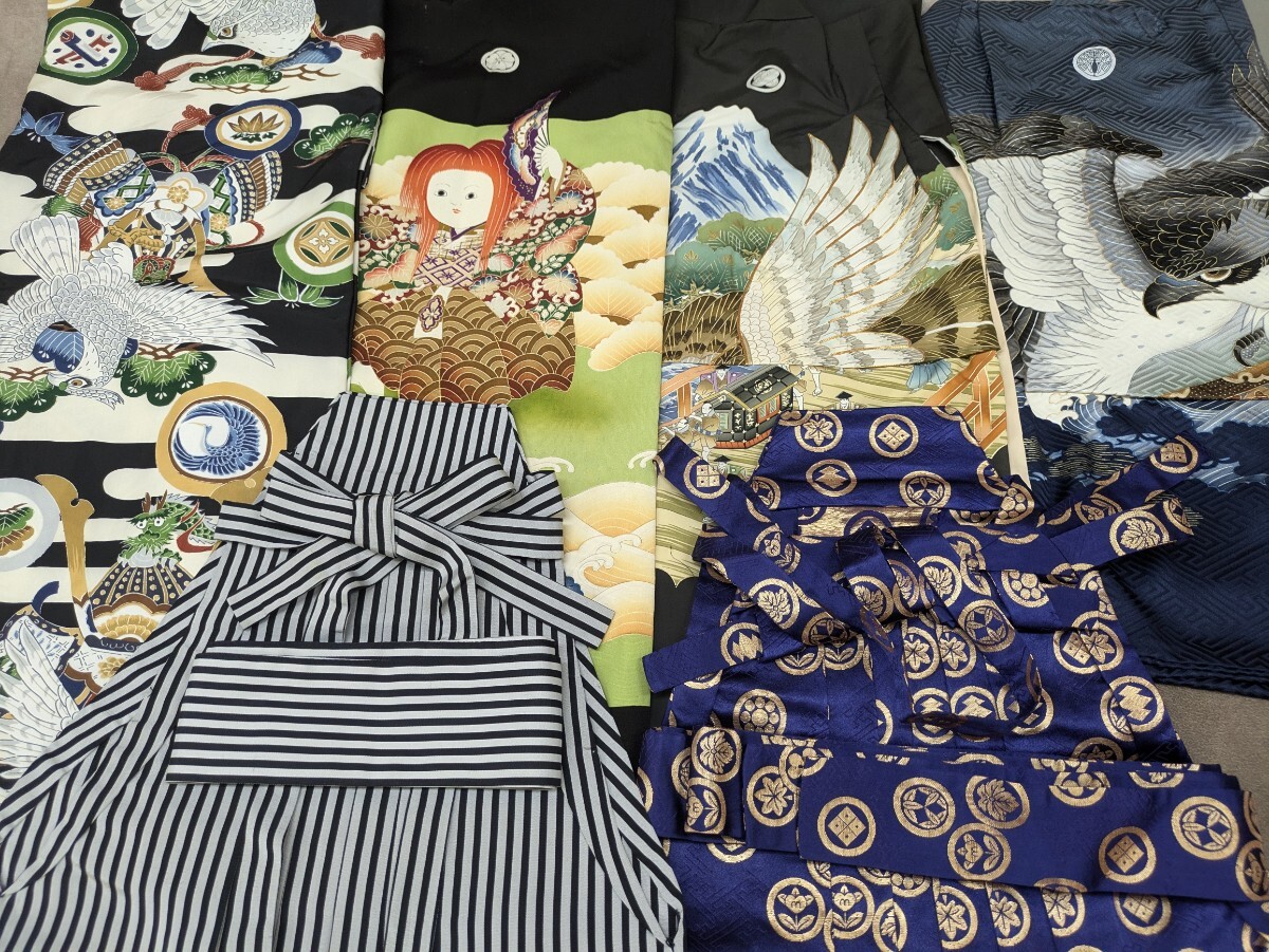 七五三 男の子 祝着 着物 袴(行灯) まとめ売り 和装 和服 和柄 レトロ柄 童 兜 松 鷹 鷲 黒色 紺色 縞模様 お祝い着 リメイク 素材 材料