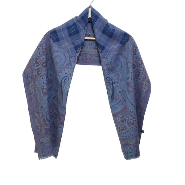 エトロ ETRO ストール(ショール) - ウール、シルク パープル×ネイビー×マルチ ペイズリー柄/チェック柄 美品 マフラー_画像1