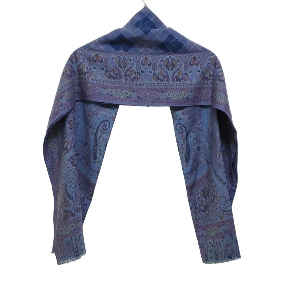 エトロ ETRO ストール(ショール) - ウール、シルク パープル×ネイビー×マルチ ペイズリー柄/チェック柄 美品 マフラー_画像2