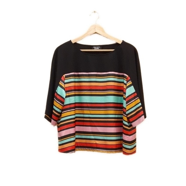 ソニアリキエル SONIARYKIEL 七分袖カットソー サイズ44 L - 黒×ライトグリーン×マルチ レディース クルーネック/ボーダー 美品 トップス_画像1