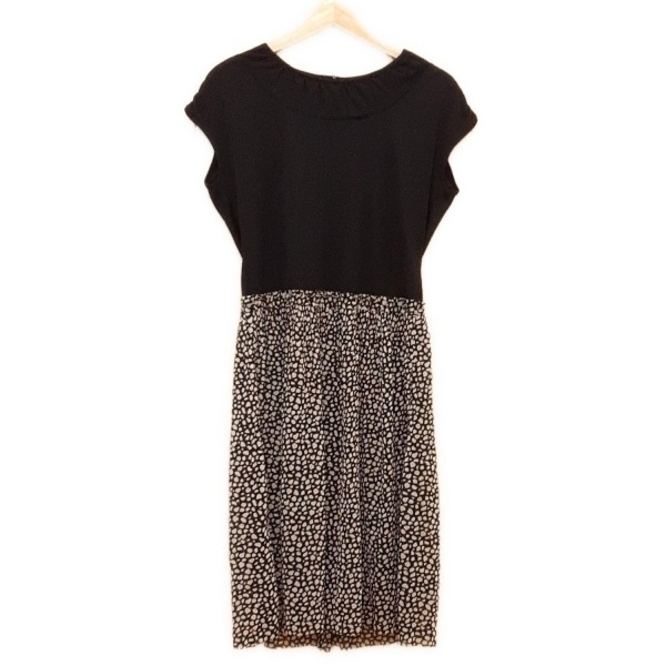 レリアン Leilian サイズ11 M - 黒×ベージュ レディース クルーネック/半袖/ひざ丈/異素材切替 美品 ワンピース_画像1