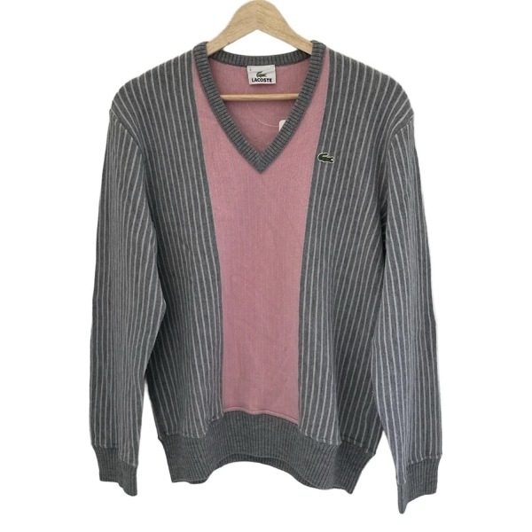 ラコステ Lacoste 長袖セーター/ニット サイズ5 XL - グレー×ピンク×ライトグレー メンズ Vネック/ストライプ トップス_画像1