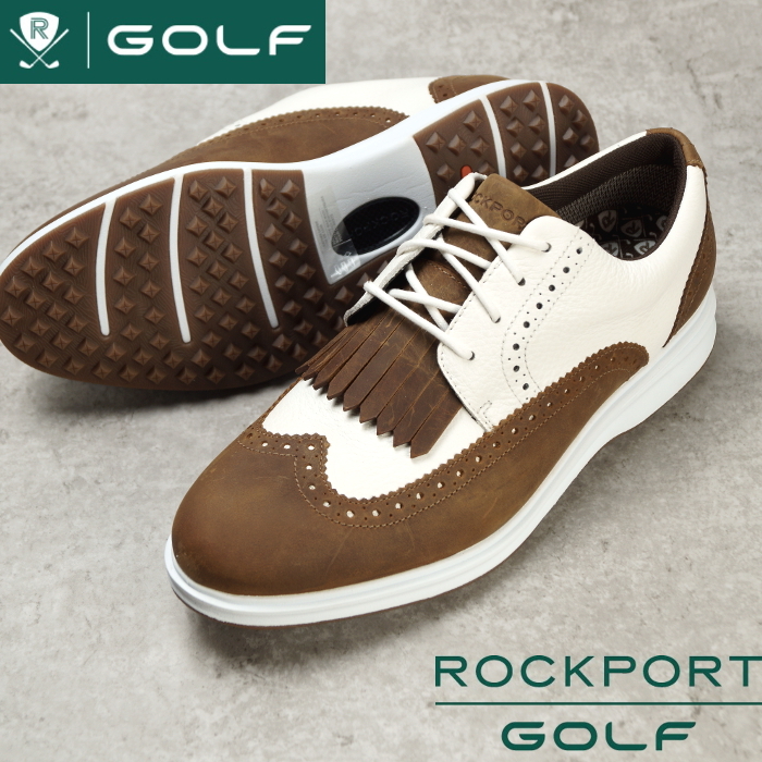 【新品】定価3.5万 ロックポート ROCKPORT GOLF《上質プレミアムレザー》防水 スパイクレス ウイングチップ ゴルフシューズ 27cm 白茶